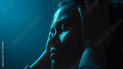 Person holding head in blue light shows distress.
