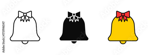 Christmas bell icon set designed in stroke, fill, and color styles, isolated on a white background. Perfect for mobile apps, web interfaces, holiday greetings, and festive decoration concepts.