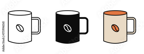 Coffee mug icon set designed in stroke, fill, and color styles, isolated on a white background. Perfect for mobile apps, web interfaces, café branding, and morning beverage concepts.