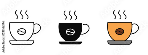 ChatGPT said:

Coffee cup icon set illustrated in stroke, fill, and color variations, isolated on a clean white background. Ideal for mobile apps, café branding, web interfaces, and morning beverage t