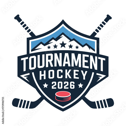 Ice hockey tournament emblem featuring crossed sticks puck mountains and year 2026