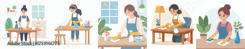 Women Cleaning Home Interior Female Doing Housework, Household Chores and Cleaning Activities Illustration Set