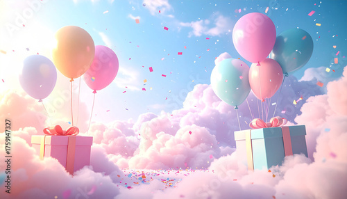Dreamy pastel birthday or celebration background. Gift boxes and colorful balloons float through a surreal sky filled with soft pink and white clouds and falling confetti.