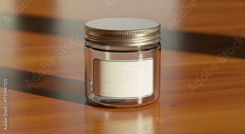 Glass jar mockup with label on wooden surface for product presentation