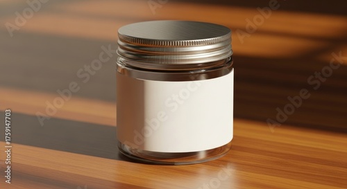 Glass jar with blank label product mockup on wooden surface