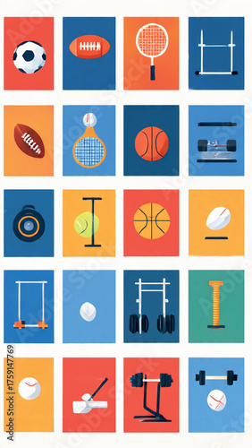 Collection of minimalist sports icons in flat design style, showcasing various equipment for athletic games and fitness activities for health and recreation projects