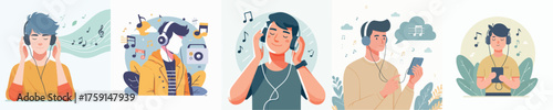 Young People Listening to Music with Headphones, Relaxing Modern Audio Lifestyle Illustration Set
