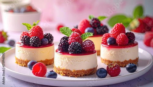 Fototapeta Naklejka Na Ścianę i Meble -  Mini Cheesecakes Topped with Berries and Glaze