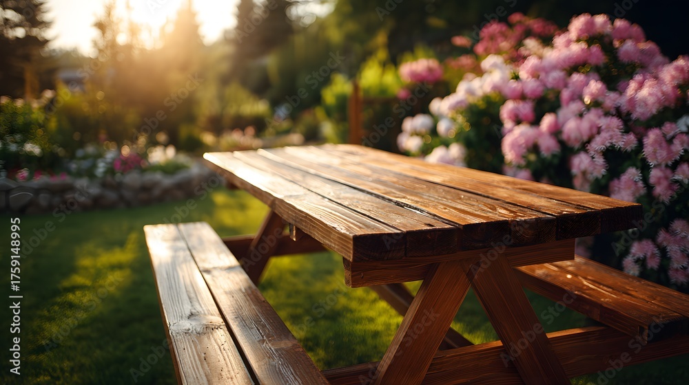 Fototapeta premium Wooden picnic table in a sunlit garden with blooming flowers.