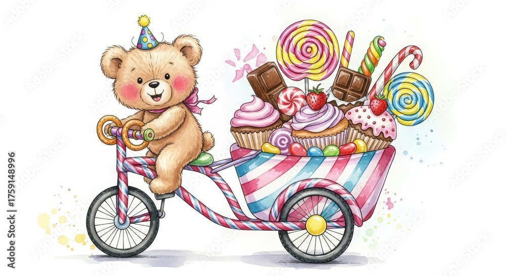 Fototapeta premium Teddy bear on bicycle with candy cupcakes lollipops sweets birthday party watercolor illustration art