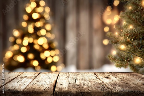 Christmas Background with Wooden Table and Christmas Tree Lights