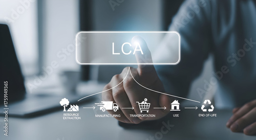 Business professional interacting with digital LCA lifecycle analysis graphic