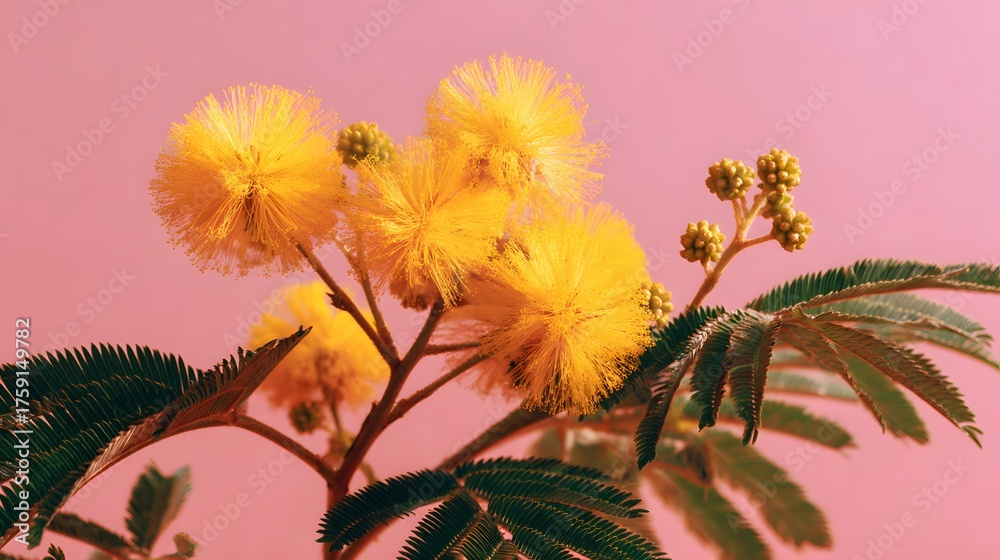 Obraz premium Delicate yellow powderpuff flowers bloom on feathery green foliage.