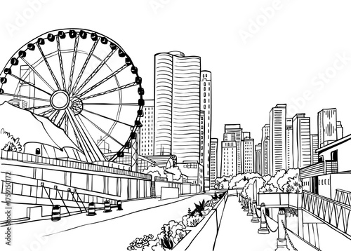 Great view of Chicago. USA. Urban sketch. Hand drawn cityscape. Line art. Black and White illustration. Vector background. Postcard style.