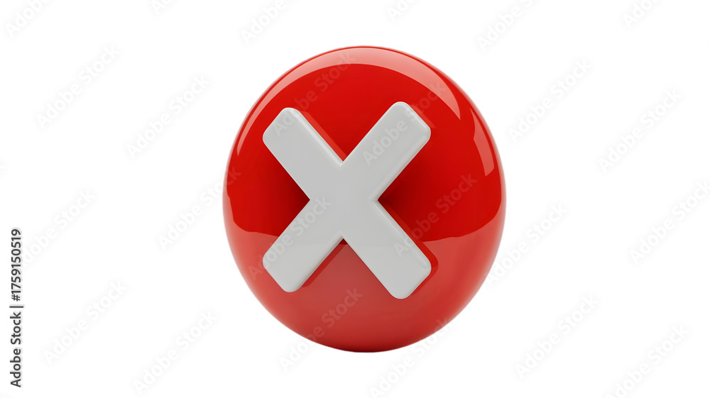 Fototapeta premium A glossy red sphere with a white X symbol representing error rejection or cancellation isolated in a 3D rendering