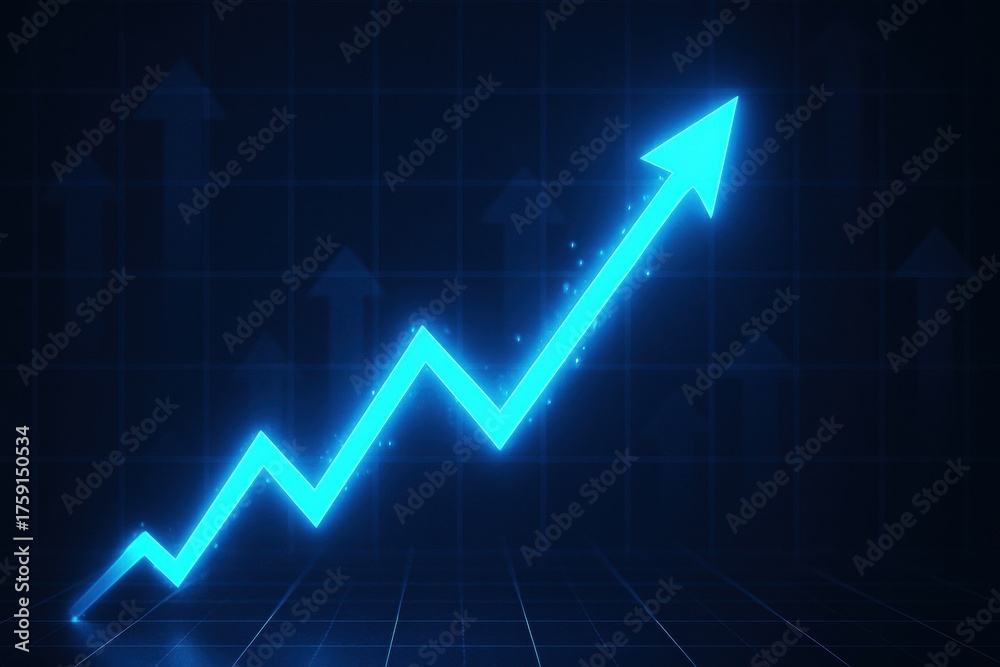 Naklejka premium Global financial market. Rising blue graph with arrows showing growth and success in a digital environment.