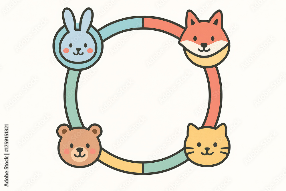 Fototapeta premium Cute animal characters in colorful circular diagram