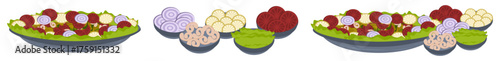 Isolated vector food dishes with ingredients including lettuce, onion, tomatoes, chives for cuisine themes 
