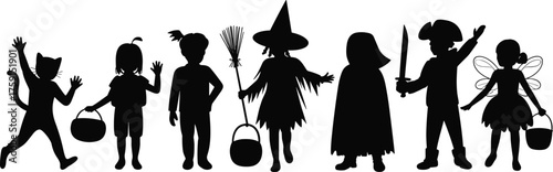 Halloween children silhouette set, trick-or-treat costumes, witch, fairy, pirate, ghost, cat, black vector icons, festive spooky illustration pack, holiday celebration design