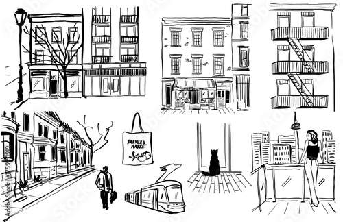 Urban streetscapes, buildings and elements. vector linework art