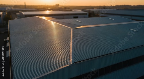 Industrial building roof at sunset aerial view