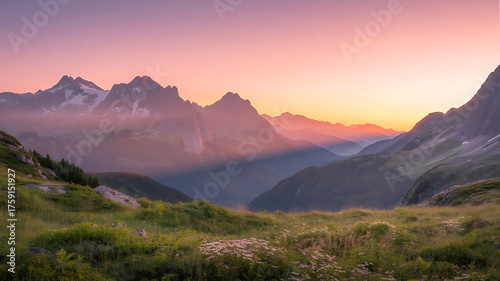 Majestic mountain peaks bathed in golden sunrise light