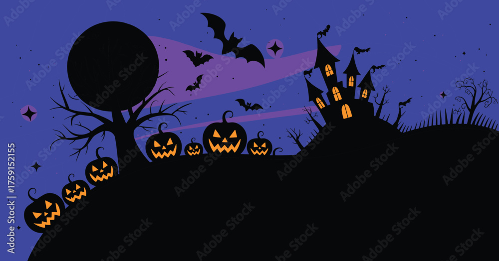 Fototapeta premium glowing pumpkins, haunted castle, full moon, bats, spooky tree, festive vector illustration, eerie seasonal clipart, horror design elements