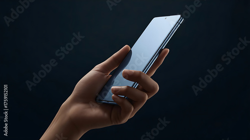 Hand holding a modern smartphone against a dark background
