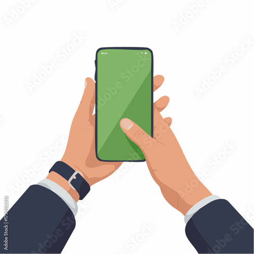 Vector illustration of a businessman holding a smartphone with a blank green screen for mockup