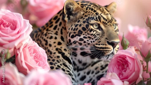 A majestic leopard gazes amidst a vibrant display of pink roses, serene and captivating.