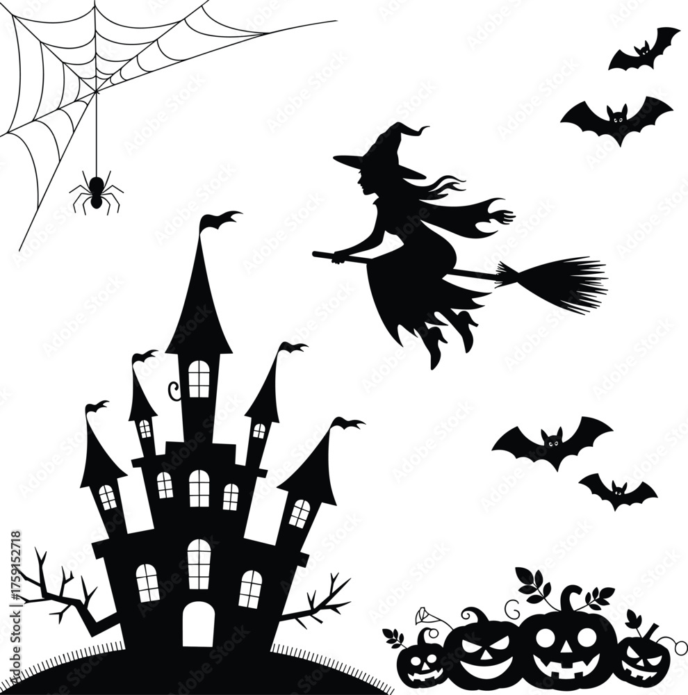 Fototapeta premium Halloween haunted house silhouette, witch flying, bats, spider web, jack-o'-lanterns, spooky tree, black vector illustration, festive horror scene, eerie seasonal design elements