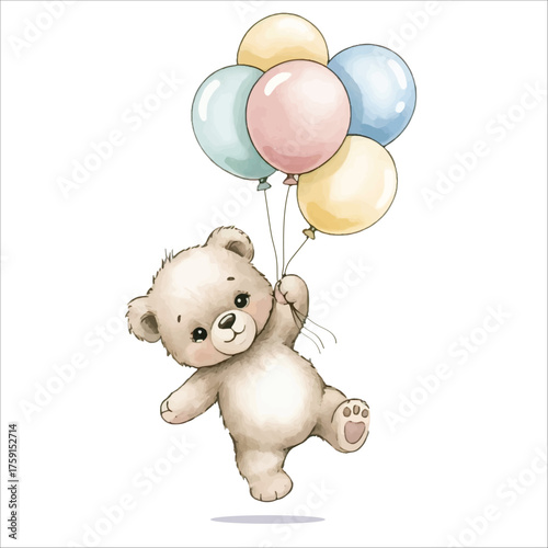 Cute Watercolor Bear Character with Balloons for Kids Design