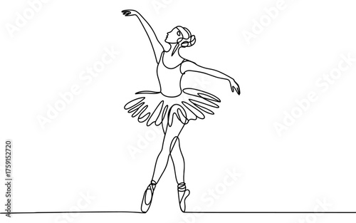 Minimal continuous line drawing of a graceful ballerina dancing in an elegant pose, symbolizing beauty, art, performance, and discipline.