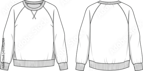 Crew neck sweatshirt technical flat with V stitch detail, unisex long sleeve pullover, fashion CAD drawing, apparel vector illustration template