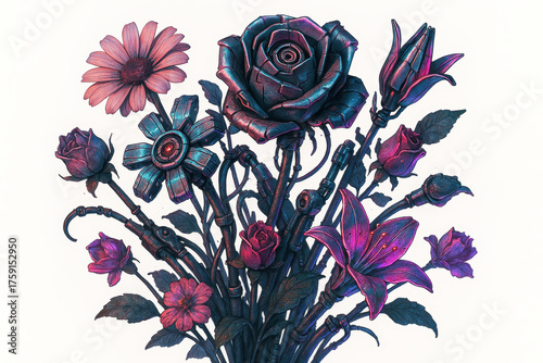 Cyberpunk floral fusion with vibrant colors and intricate details