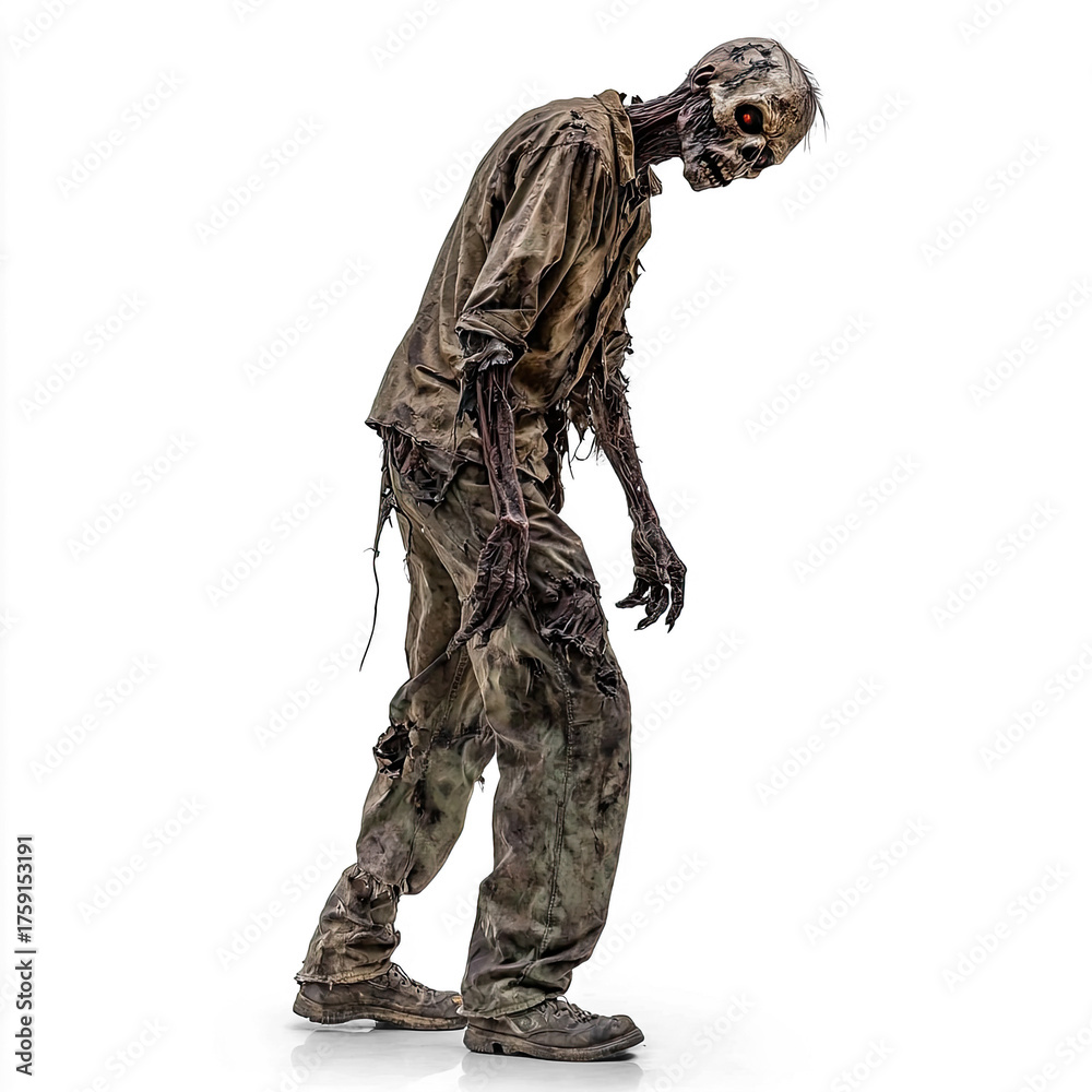 Fototapeta premium A zombie figure with a ragged, dirty appearance, wearing a torn shirt and pants, and a mask with a skull face.