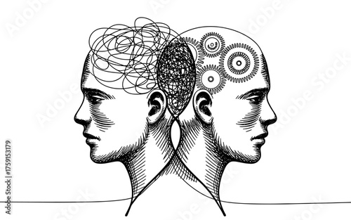 Illustration showing two human heads back to back, one filled with tangled lines representing anxiety or confusion, and the other with gears symbolizing logic and rational thinking.