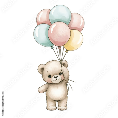 Cute Watercolor Teddy Bear with Balloons Illustration