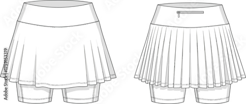 Women’s pleated tennis skort flat sketch, detailed sportswear cad drawing, vector fashion technical illustration front and back view design, cad drawing flat vector illustration