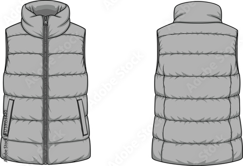 Puffer vest front and back view, sleeveless winter jacket design, quilted down body warmer, grey padded gilet, CAD drawing flat vector illustration