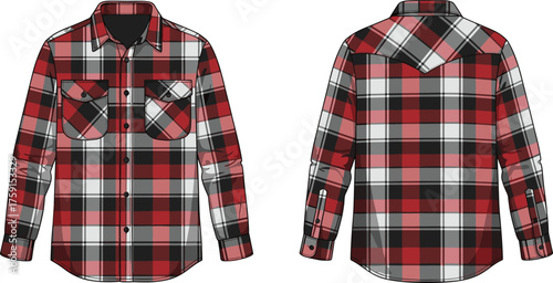 Red plaid flannel shirt front and back view, casual men’s checkered long sleeve apparel design, detailed cad drawing flat vector illustration