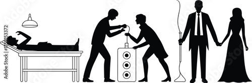 medical table, ghost machine, whip figure, romantic couple, spooky vector pack, abstract horror illustration, eerie festive character design