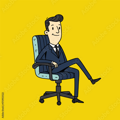A cartoon illustration of a businessman in a navy blue suit and black tie, sitting confidently and smiling in an office chair against a yellow background.