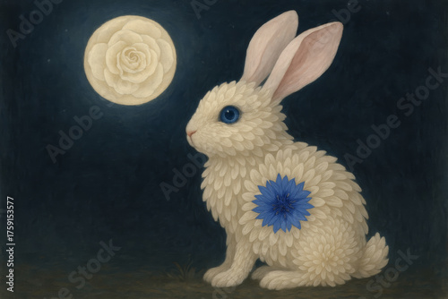 Floral moonlit rabbit with blue flower detail