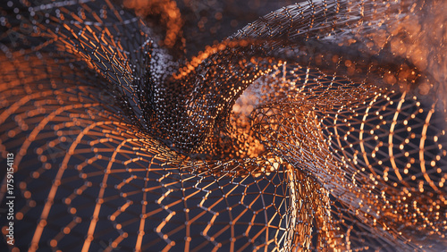 Abstract 3D visualization of metallic wireframe mesh with depth of field effect.