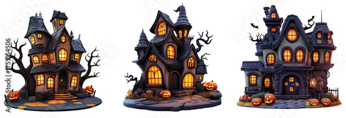 Three spooky, haunted houses with lit windows and pumpkins, set against a white background.