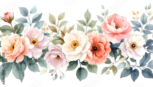 A beautiful arrangement of pastel-colored flowers with green leaves, set against a soft white background