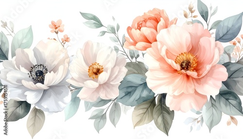 A serene floral arrangement featuring soft pastel peonies and leaves, ideal for elegant decor or design
