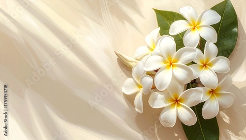Fototapeta Naklejka Na Ścianę i Meble -  A serene arrangement of white plumeria flowers with yellow accents on a soft beige background