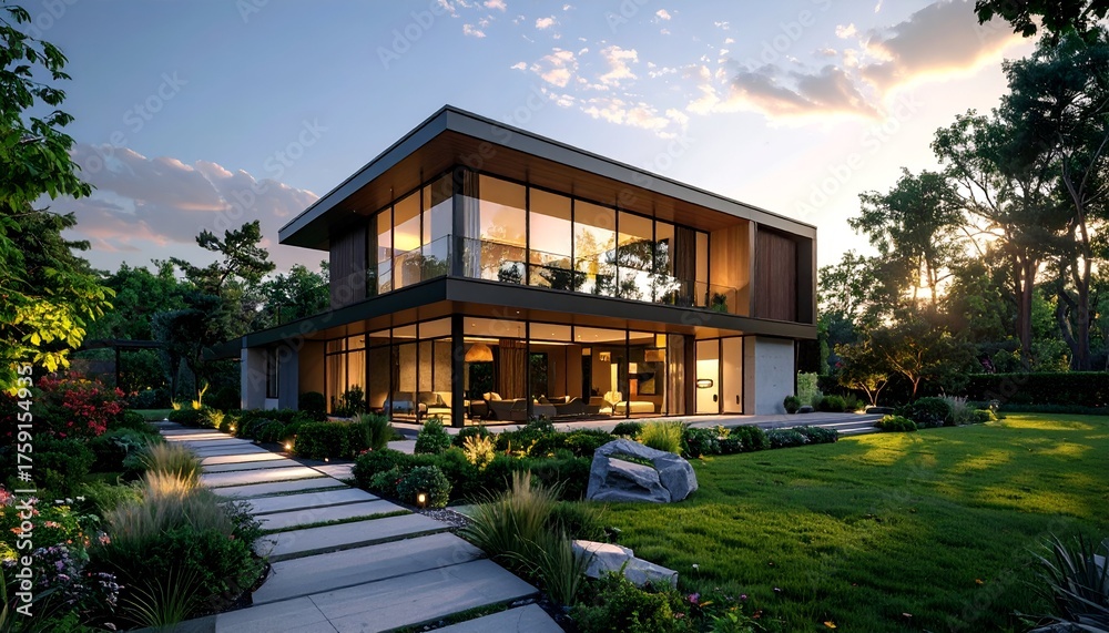 Fototapeta premium Modern house with large glass windows surrounded by lush greenery and a serene garden at sunset